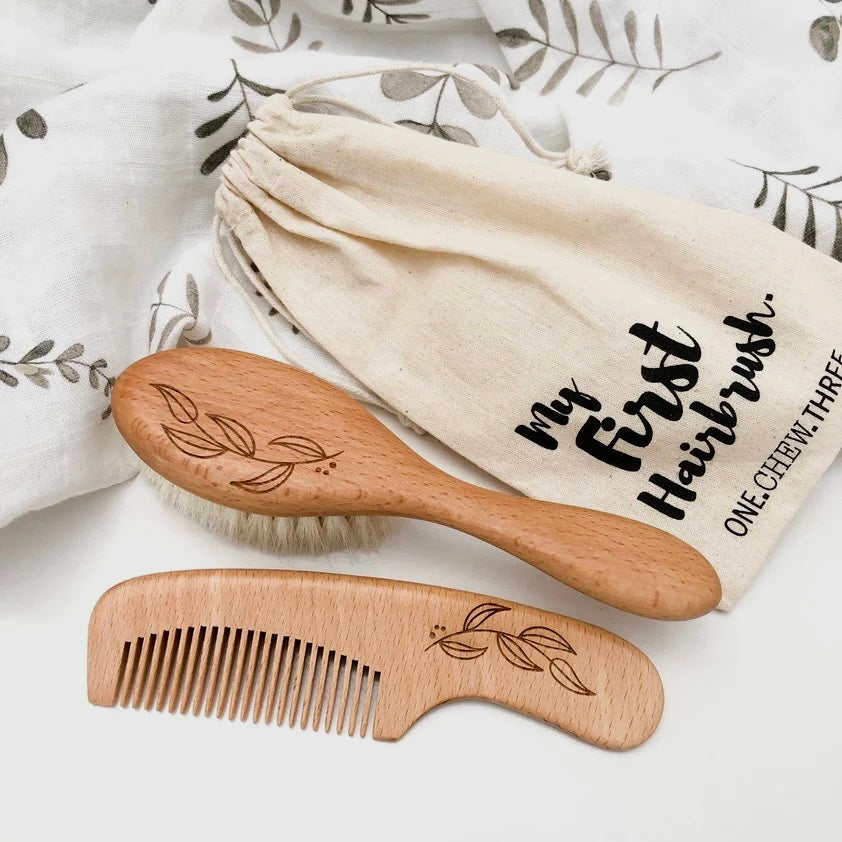 Wooden Baby Hairbrush & Comb Set | Natural Foliage