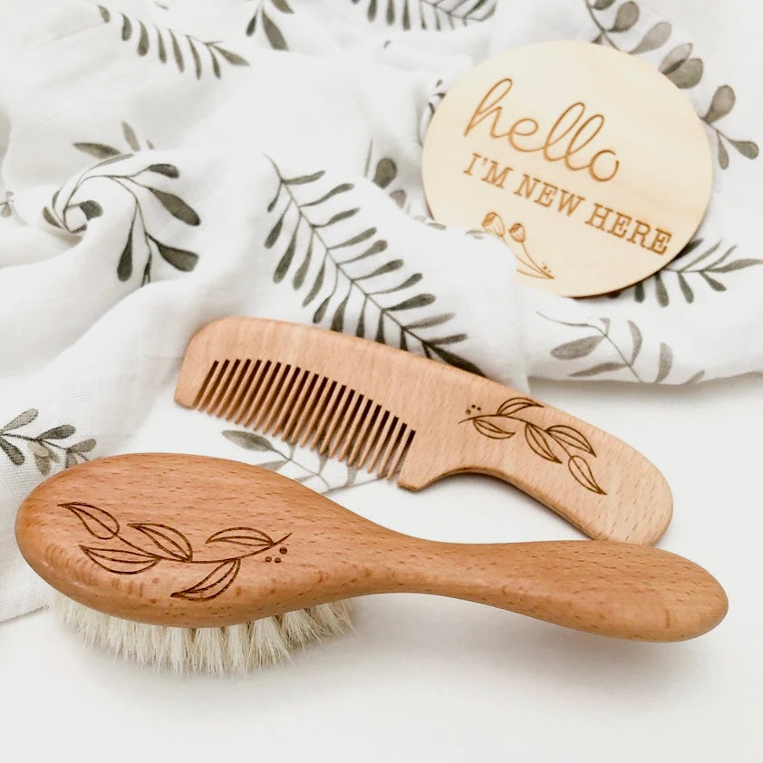 Wooden Baby Hairbrush &amp; Comb Set | Natural Foliage