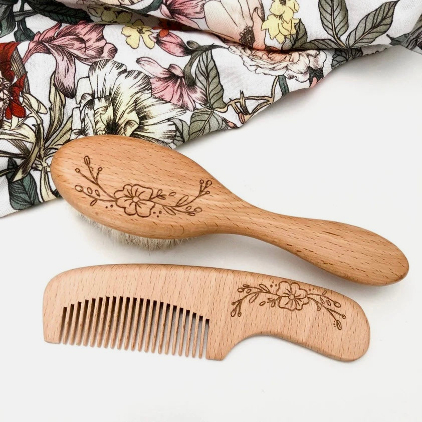 Wooden Baby Hairbrush &amp; Comb Set | Vintage Floral